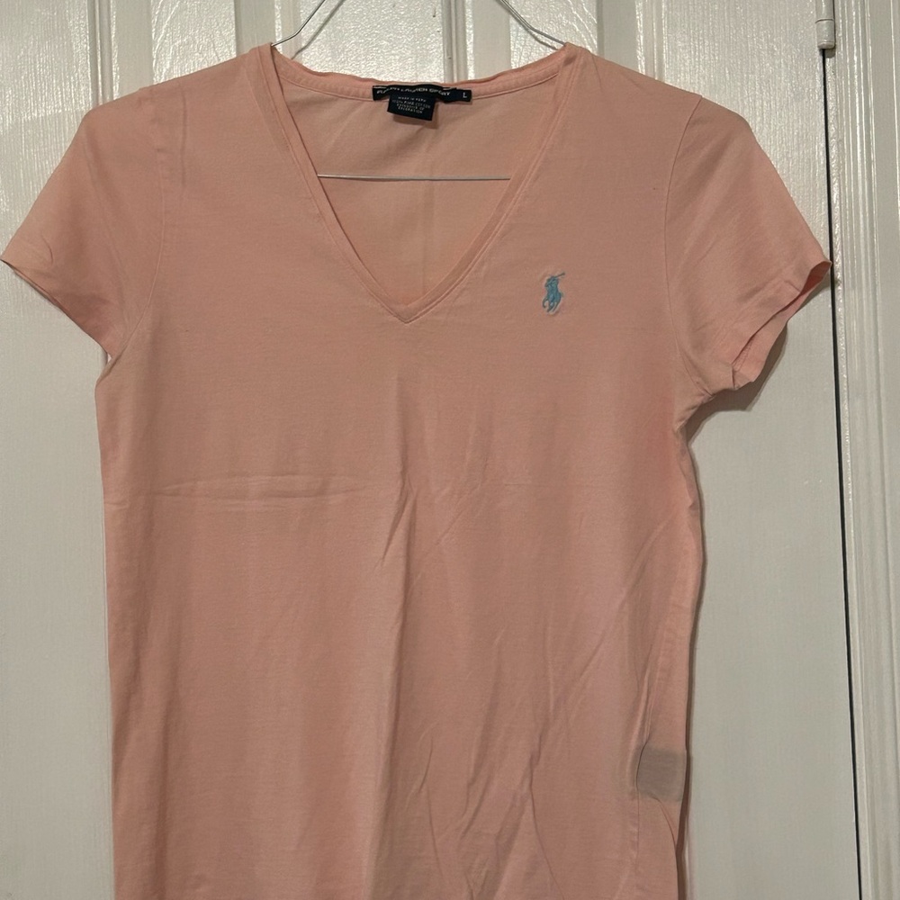 Ralph Lauren Women's Light Pink V-Neck Tee Large